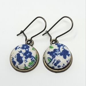 New Handmade | Blue Green Floral Upcycled Fabric Button Earwire Dangle Earrings